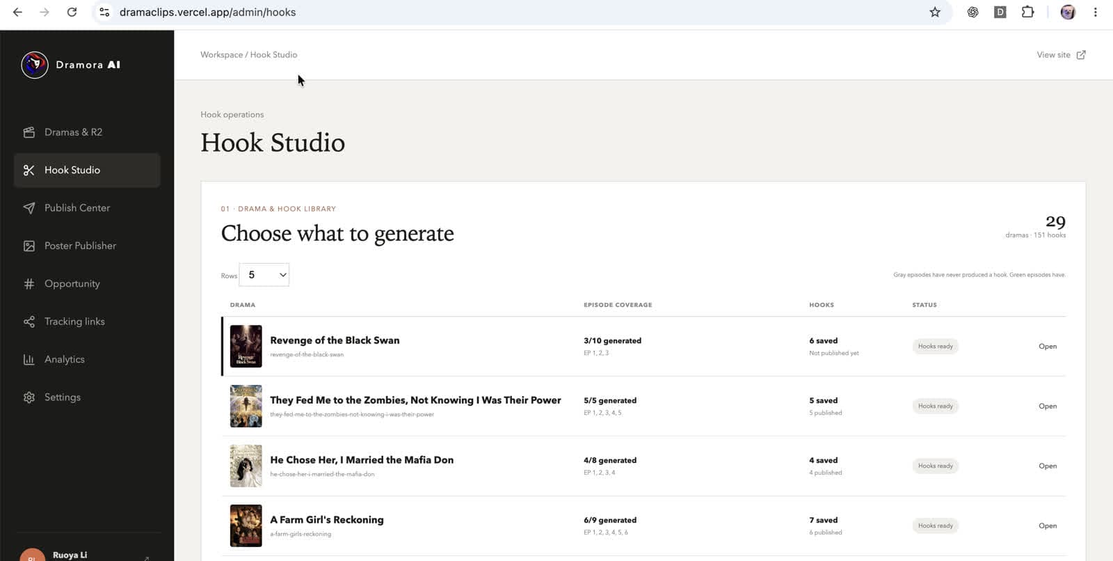 Hook Studio interface in DramaClips