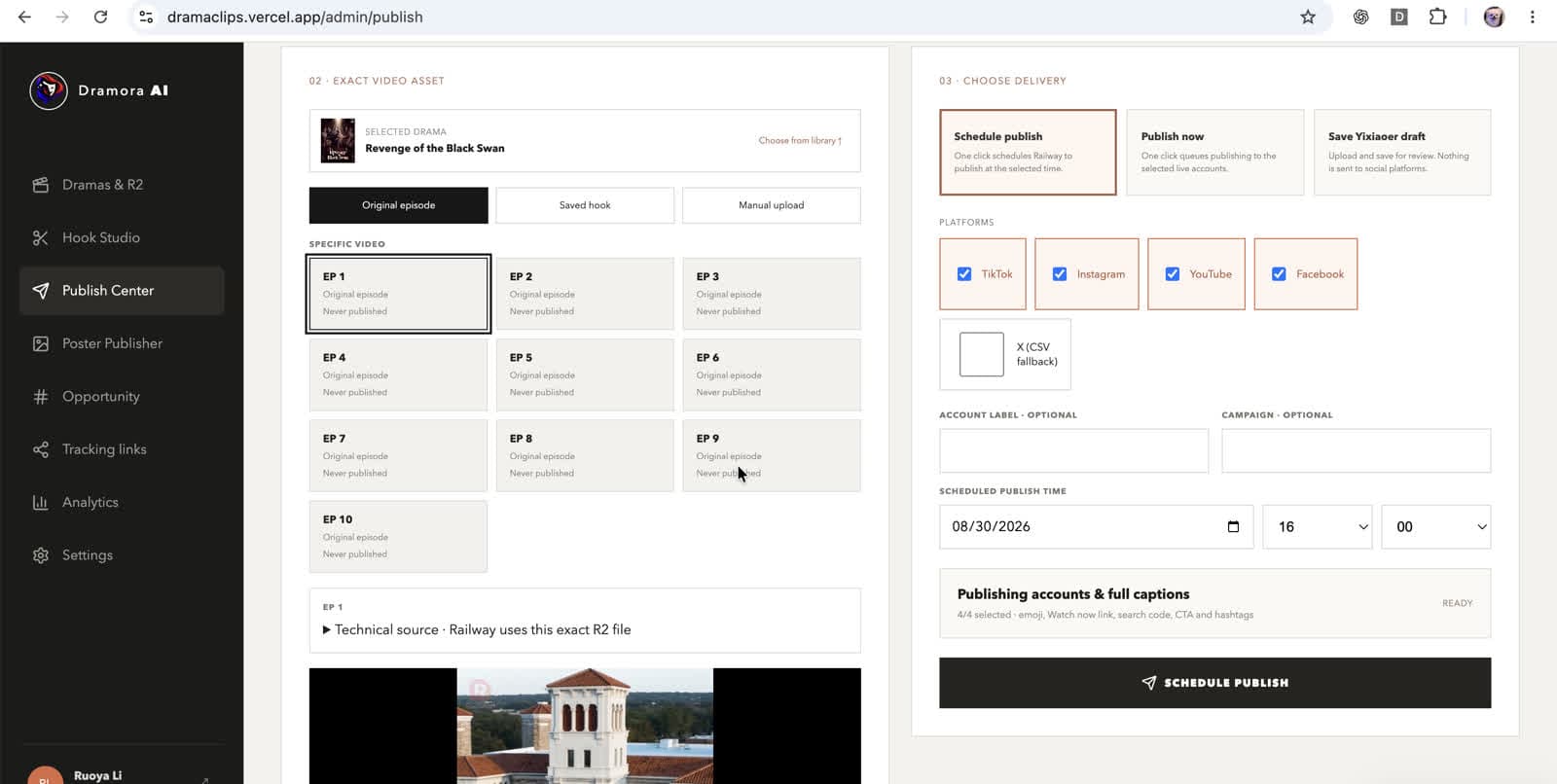 Publish Center interface in DramaClips